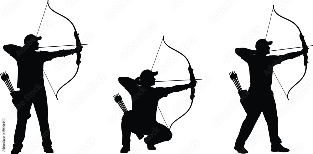 Stock-Vektorgrafik „Black silhouette vector set of male archers in ...