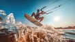 © Musa - Kitesurfer in mid air performing a trick against a bright blue sky