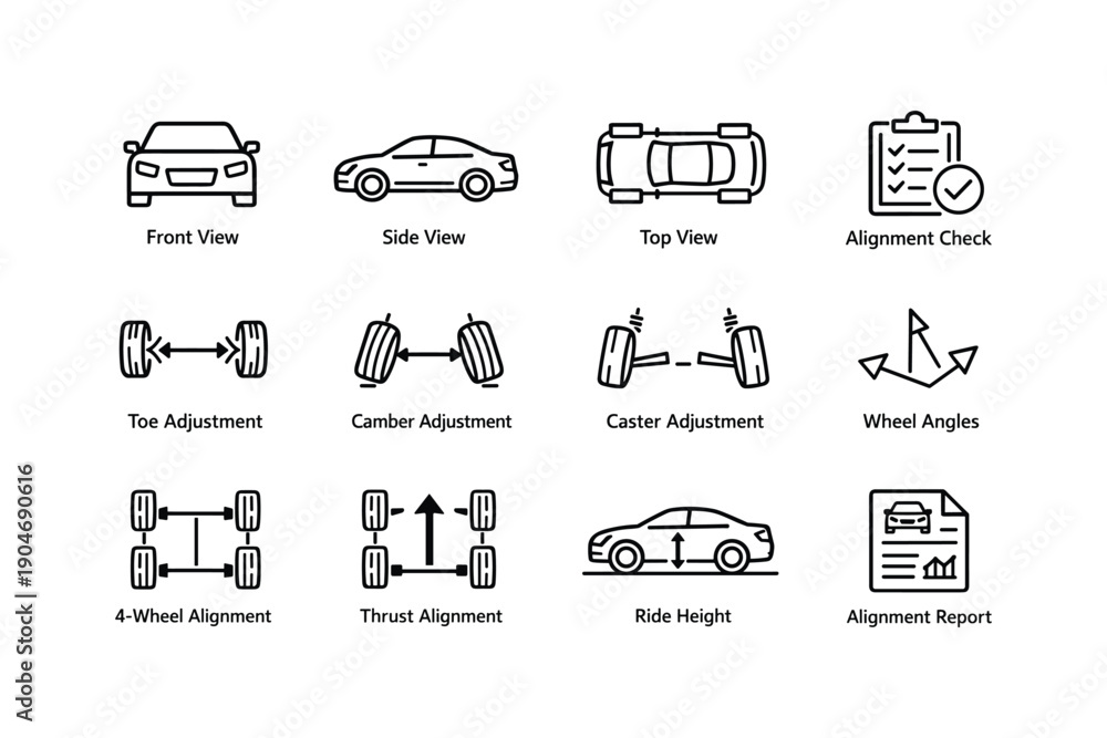 Auto Alignment Icon Car alignment diagram with front, side, top views and adjustment icons ...