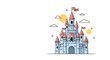 © Cerys - Detailed line art illustration of a fairytale castle with many towers and flags under a sunny sky with clouds today.