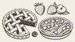 © Miraz10 - Vintage style sketch of various fruit pies including a lattice crust pie and a berry tart with fruit.