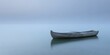 © Ross - Tranquil wooden boat on calm misty lake at sunrise minimal serene blue landscape with copy space for peaceful meditation design