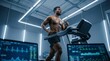 © PureVisualsFrame - Muscular male athlete performing an intense treadmill workout in a modern hi tech gym, surrounded by digital dashboards and neon lighting, showcasing cardio training and analytics
