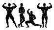 © Vintage Stock - Set of four black silhouettes representing muscular male bodybuilders performing classic competition poses to showcase strength and physical fitness development