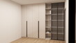 © Bezkorovaina Yevheni - Modern built-in wardrobe with matte beige doors, slim vertical handles, open corner shelves, and glass display cabinet, creating a clean, elegant, and functional storage space