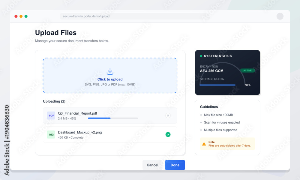 File Transfer Progress Box This digital interface displays a secure document transfer portal with ...
