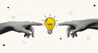 © Purnima - Trendy halftone collage two human hands reaching toward glowing lightbulb creative idea and innovation concept