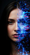 © PhotoArtHub - Half human face with blue digital glitch art overlay, creating a fusion of biology and technology, representing transformation or artificial intelligence