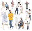 © New Africa - Men painting using easel on white background. Photos of artist, collage