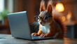 © Vadym - Frustrated squirrel with glasses types on laptop in cozy room. Small animal works intently on computer at home desk. Furry creature focused on online task.