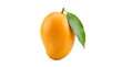 © Isolated Media - Vibrant yellow mango with a single green leaf fresh and ripe.