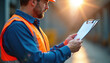© Pete - Man in safety vest reviews document on clipboard. Pro worker checks report near construction site during sunset. He wears hard hat and glasses, examines paperwork.
