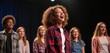 © Pete - Diverse students perform on stage laughing with joy. Young actors practice improv theater in class. Teenagers participate in creative acting workshop. Youth collaborate on drama project with fun.