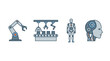 © JahanRukhLaiba  - Vector Set of Robotics Icons Featuring Industrial Robotic Arm, Automated Factory Assembly Line, Humanoid Android Robot, and Cyborg Head with Gears Representing Artificial Intelligence and Future