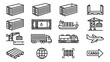 © MdToslimUddin - Minimalist vector line icons set for shipping, logistics, and cargo transportation. Features containers, ships, cranes, trucks, trains, planes, pallets, and global trade symbols in a clean layout.