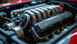 © Viktor - Close-up of powerful sports car engine with V-shaped cylinders and turbochargers. High performance auto motor with chrome parts and carbon fiber details, complex mechanical engineering.
