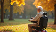 © Viktor - Elderly man with glasses smiles riding electric mobility scooter through autumn park. Golden leaves fall from trees. He enjoys independence and scenic view on a bright sunny day.