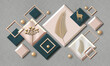 © gorg - Luxury 3D wallpaper design featuring abstract geometric composition with golden frames, emerald green squares, cream feathers and metallic spheres on grey background. Three-dimensional modern wall dec