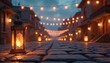 © Maryna - Stone street at dusk lined with buildings and lit by ornate lanterns and string lights. Festive outdoor ambience creates a warm, inviting glow on pavement.