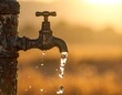 © Empat - Close-up of water flowing from a weathered, old faucet in golden light