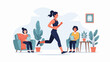 © Aji - Person jogging inside while two others relax on chairs with tablets