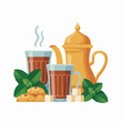 © AN Creative Stock - A steaming teapot and two cups of tea with cookies on a table surrounded by mint leaves and sugar cubes viewed from the front
