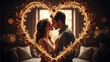 © john - Couple kissing inside a heart-shaped golden wreath with warm, romantic lighting, celebrating love and togetherness