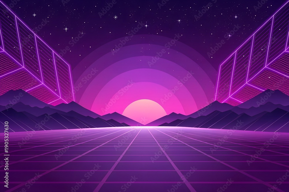 Foto de Stock Neon grid landscape descends into a vibrant digital ...