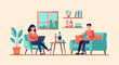 © Agung - Flat illustration of people in a room with a window, sofa, and laptop