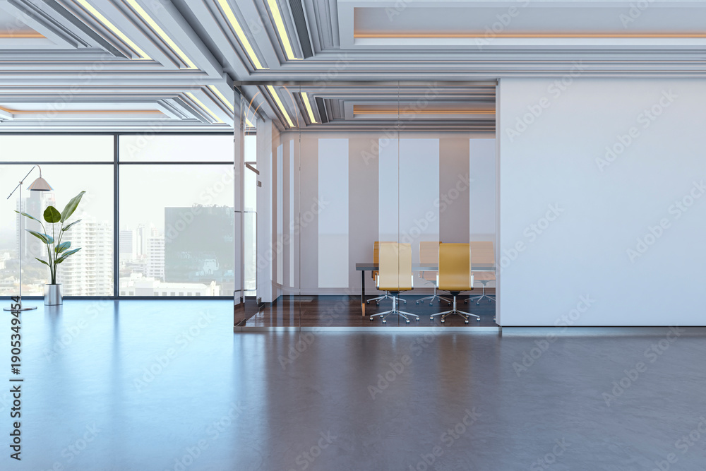 Modern corporate office interior with glass partition, sleek ceiling ...
