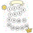 © Yuri - Cute printable reward chart for kids. Numbered path 1-16 from sun to crown. Pastel confetti background with ribbon banner. Ideal for behavior and potty training.
