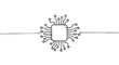 © ColdFire - Hand-drawn doodle style microchip illustration shows a central square processor with numerous connecting circuit lines radiating outwards, presented in a clean, artistic black and white sketch