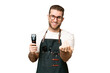 © luismolinero - Barber man in an apron over isolated chroma key background inviting to come with hand. Happy that you came