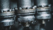 © pjjaruwan - Metal valve connector with water droplets close up, industrial plumbing detail, wet metal texture, macro photography