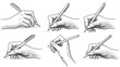© Arafat - Set of six different views of hands holding a pen or pencil in various writing positions, collection of hand gestures for study and work.