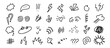 © Tartila - Comic expression doodle set. Reaction marks and motion sparks for manga action, speech bubble and shock or explosion sound. Hand drawn emphasis highlights, speed accents isolated vector set