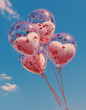 © Femmes.Digital - Transparent balloons with pink heart confetti floating in blue sky. Valentines celebration concept for festive design.