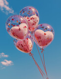 Transparent balloons with pink heart confetti floating in blue sky. Valentines celebration concept for festive design.