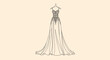 © MDRipon - Elegant line drawing of a long formal wedding dress with intricate lace details on a hanger against a soft neutral background for bridal fashion.