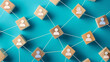 © siam - Connected People Network on Blue Background. Overhead shot of wooden cubes with person icons connected by white lines, arranged on a vibrant blue background. This image represents concepts like networ