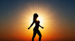 © Attaul - Woman Running Silhouetted against Vibrant Sunset with Radiant Sunburst