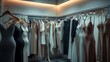 © bach - shapewear. Dressing room with soft lighting and various shapewear garments arranged before a mirror. lifestyle magazines.