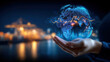 © Tiravad - Hand holding glowing digital globe with financial data overlays and network lines conveying global trade and technology innovation, futuristic
