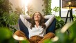 © chupc - Woman relaxing in a comfy chair with eyes closed and sunlight. Serenity and mindfulness. Promoting mental wellness.