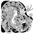 © Roti - Art Nouveau Woman with Flowers and Bird, Elegant Line Art Illustration