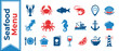 © IMTIAZ - Seafood Menu Icon Collection with Lobster, Crab, Fish, Shrimp, Octopus, Squid, Shellfish, and Nautical Elements like Anchor, Boat, and Lighthouse for Restaurant Branding, Web Design, and Menus.