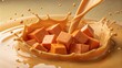 © Jani - Sweet potato chunks breaking through silky starchy liquid splash, warm amber tones, smooth heavy motion