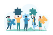 © Iconic Prototype - Business problem creative solving, company union and success teamwork. Tiny people holding jigsaw puzzle pieces to connect and assemble in cooperation and partnership cartoon vector illustration
