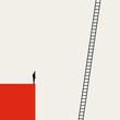 © jozefmicic - A minimal vector illustration of a business challenge. A corporate man looks at a tall ladder, symbolizing a difficult career opportunity, ambition, and growth concept.