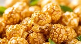 Delicious caramel popcorn as known as sweet popcorn balls form a tempting, sticky sweet dessert or snack. brazilian food in winter season.